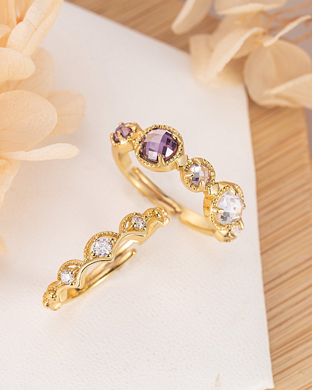 Cosmic Energy Natural Topaz, Moonstone Amethyst Rings Set (1) Cosmic Energy Natural Zircon, Moonstone & Amethyst Rings Set - Image 1