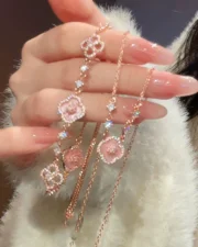 The Pink Blossom: Sparkling Floral Necklace, Bracelet & Earrings Set - Image 2