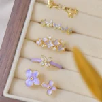 Enamel Butterfly & Purple Petal Adjustable Ring