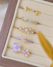 Enamel Butterfly & Purple Petal Adjustable Ring