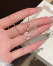 The Pink Blossom: Sparkling Floral Necklace, Bracelet & Earrings Set - Image 3