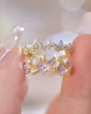 Enamel Butterfly & Purple Petal Adjustable Ring - Image 2
